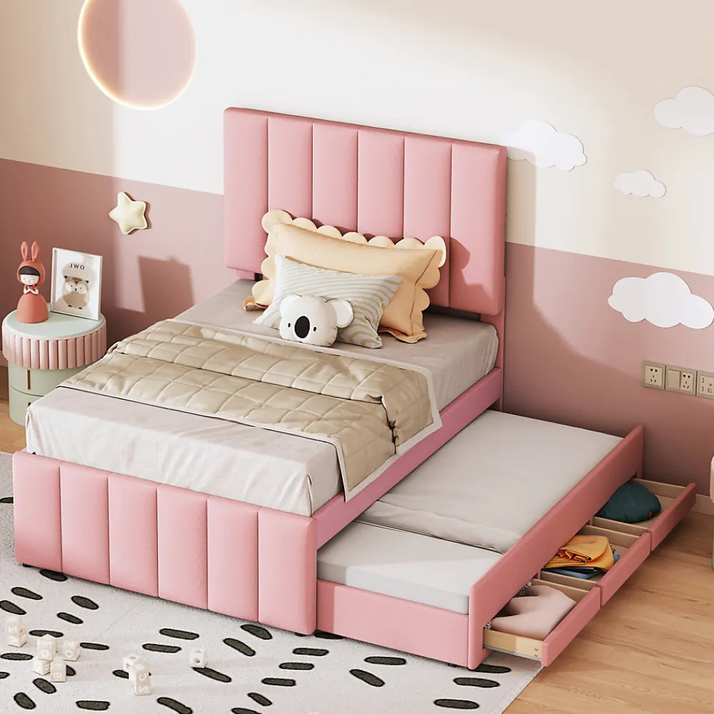 Lit Gigogne 90x200 cm - Lit Simple enfant avec Tiroirs et Couchage d'Ombre, Revêtement en Lin Doux, Sans Matelas - Rose>Okwish
