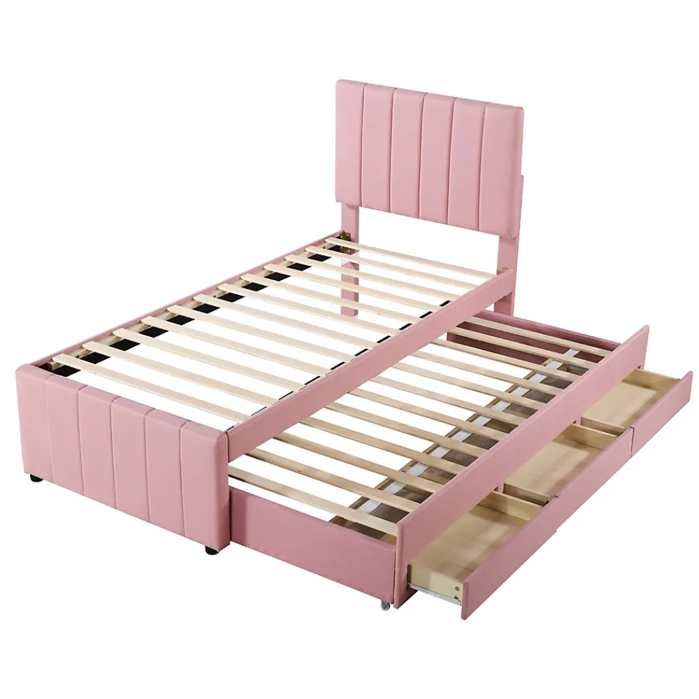 Lit Gigogne 90x200 cm - Lit Simple enfant avec Tiroirs et Couchage d'Ombre, Revêtement en Lin Doux, Sans Matelas - Rose>Okwish