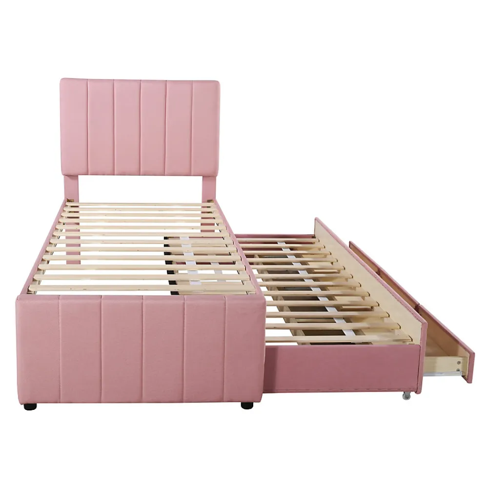Lit Gigogne 90x200 cm - Lit Simple enfant avec Tiroirs et Couchage d'Ombre, Revêtement en Lin Doux, Sans Matelas - Rose>Okwish