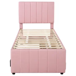 Lit Gigogne 90x200 cm - Lit Simple enfant avec Tiroirs et Couchage d'Ombre, Revêtement en Lin Doux, Sans Matelas - Rose><noscript><img width=