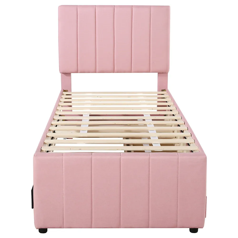 Lit Gigogne 90x200 cm - Lit Simple enfant avec Tiroirs et Couchage d'Ombre, Revêtement en Lin Doux, Sans Matelas - Rose>Okwish