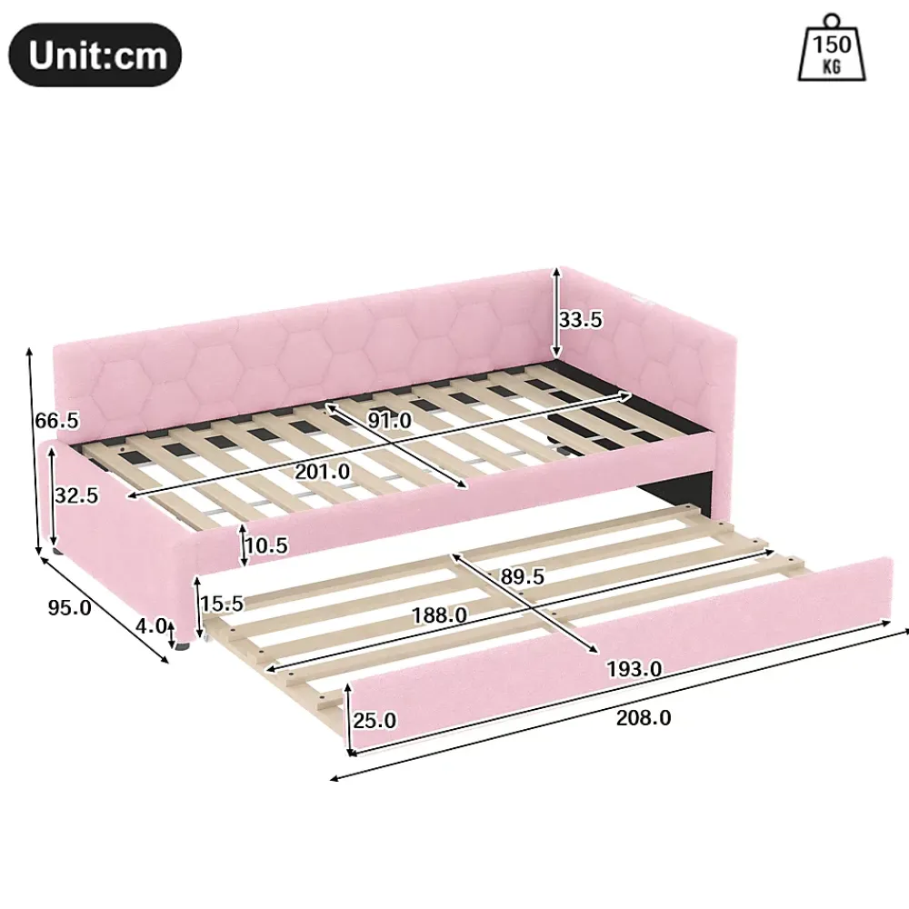 Okwish Lit Gigogne 90x200 cm - Lit Tiroir et Lampe Intégrée avec Ports USB et Type-C - Sans Matelas - Rose Imitation Laine* Lit Gigogne
