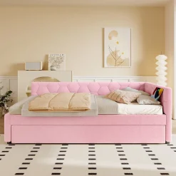 Okwish Lit Gigogne 90x200 cm - Lit Tiroir et Lampe Intégrée avec Ports USB et Type-C - Sans Matelas - Rose Imitation Laine* Lit Gigogne