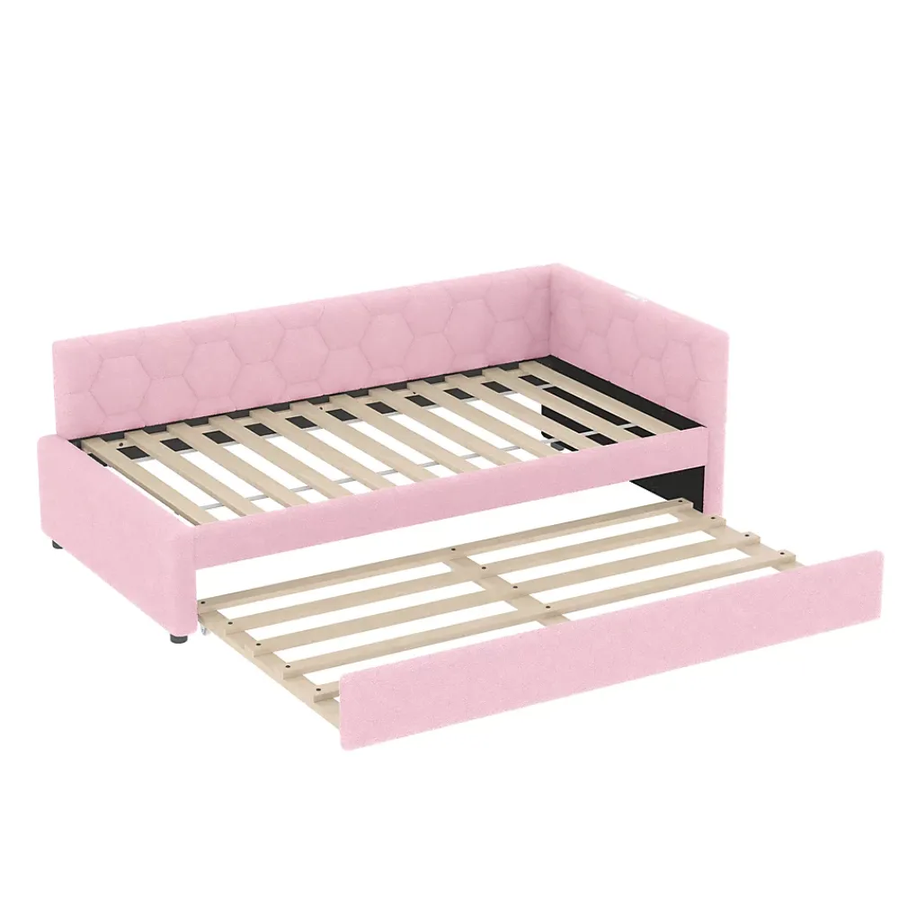 Okwish Lit Gigogne 90x200 cm - Lit Tiroir et Lampe Intégrée avec Ports USB et Type-C - Sans Matelas - Rose Imitation Laine* Lit Gigogne