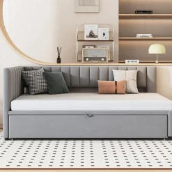 Lit Gigogne 90/180x200 cm - L-Shaped avec Lit Coulissant pour enfants et Invités, Multifonction, Velours Gris Clair, Sans Matelas>Okwish Sale