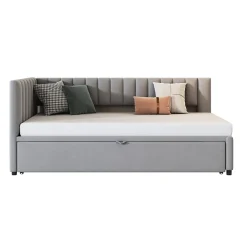 Lit Gigogne 90/180x200 cm - L-Shaped avec Lit Coulissant pour enfants et Invités, Multifonction, Velours Gris Clair, Sans Matelas><noscript><img width=