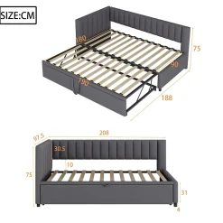Okwish Lit Gigogne 90/180x200 cm - L-Shaped avec Lit Coulissant, Convertible pour enfants et Invités, Velours Gris Foncé, Sans Matelas* Lit Gigogne