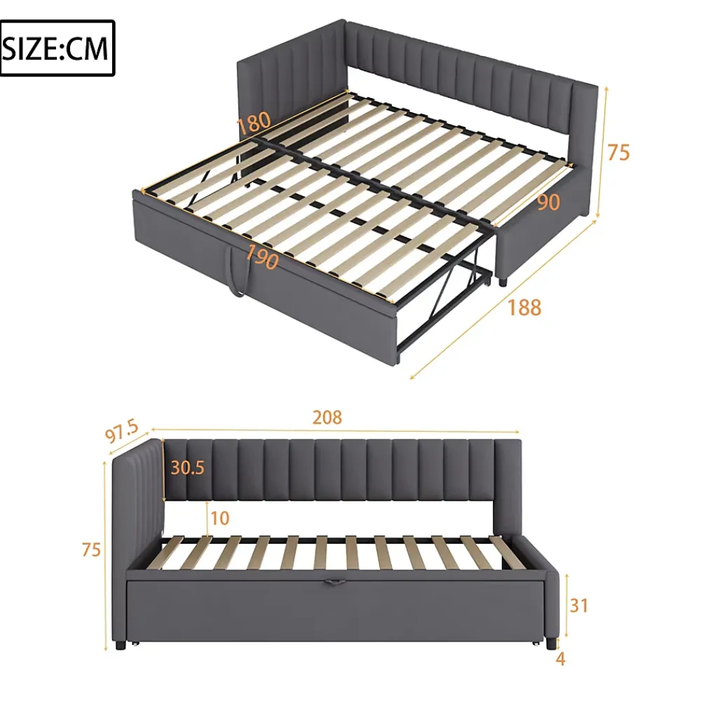 Okwish Lit Gigogne 90/180x200 cm - L-Shaped avec Lit Coulissant, Convertible pour enfants et Invités, Velours Gris Foncé, Sans Matelas* Lit Gigogne