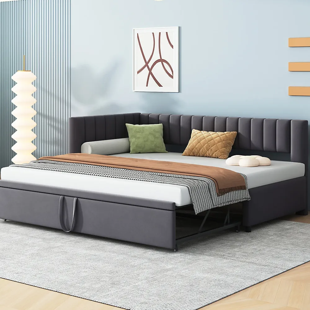Okwish Lit Gigogne 90/180x200 cm - L-Shaped avec Lit Coulissant, Convertible pour enfants et Invités, Velours Gris Foncé, Sans Matelas* Lit Gigogne