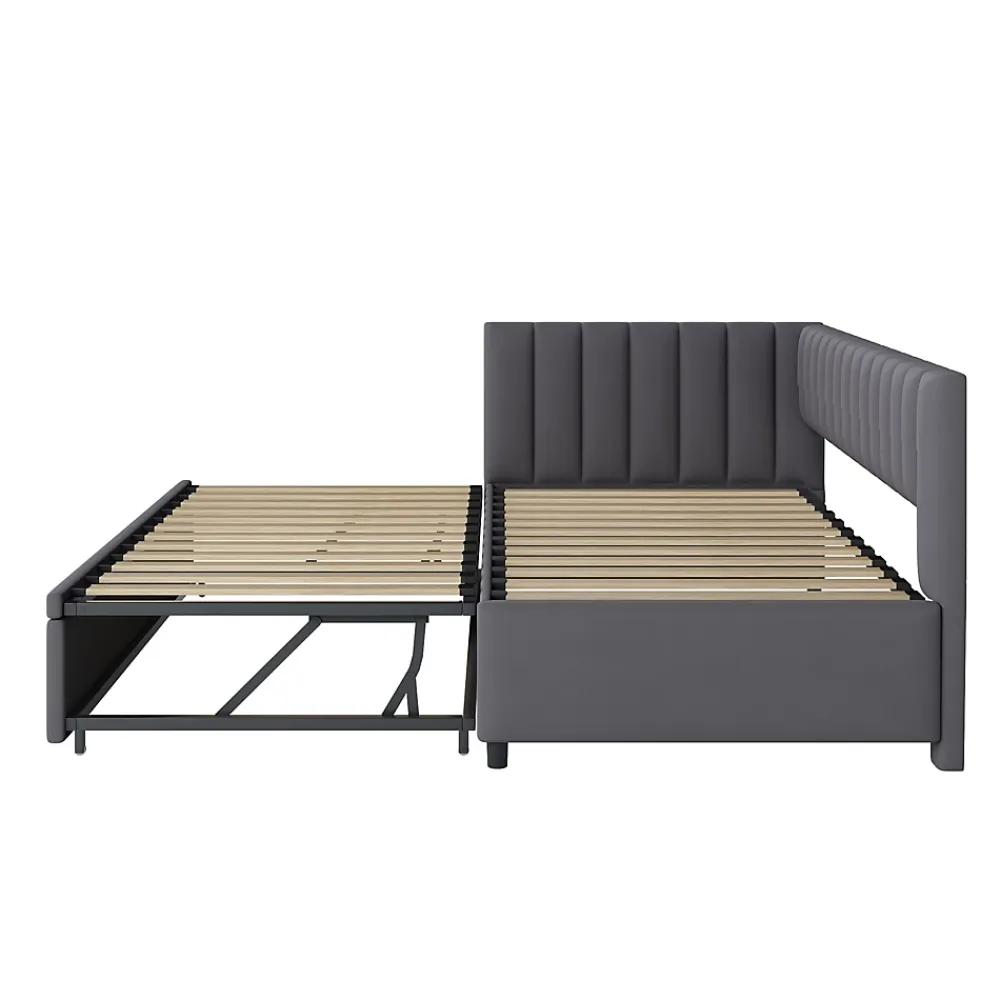 Okwish Lit Gigogne 90/180x200 cm - L-Shaped avec Lit Coulissant, Convertible pour enfants et Invités, Velours Gris Foncé, Sans Matelas* Lit Gigogne