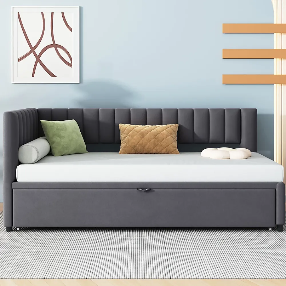 Okwish Lit Gigogne 90/180x200 cm - L-Shaped avec Lit Coulissant, Convertible pour enfants et Invités, Velours Gris Foncé, Sans Matelas* Lit Gigogne