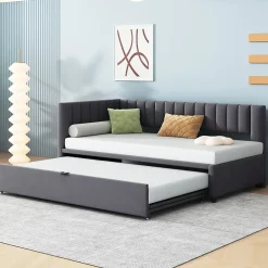 Okwish Lit Gigogne 90/180x200 cm - L-Shaped avec Lit Coulissant, Convertible pour enfants et Invités, Velours Gris Foncé, Sans Matelas* Lit Gigogne