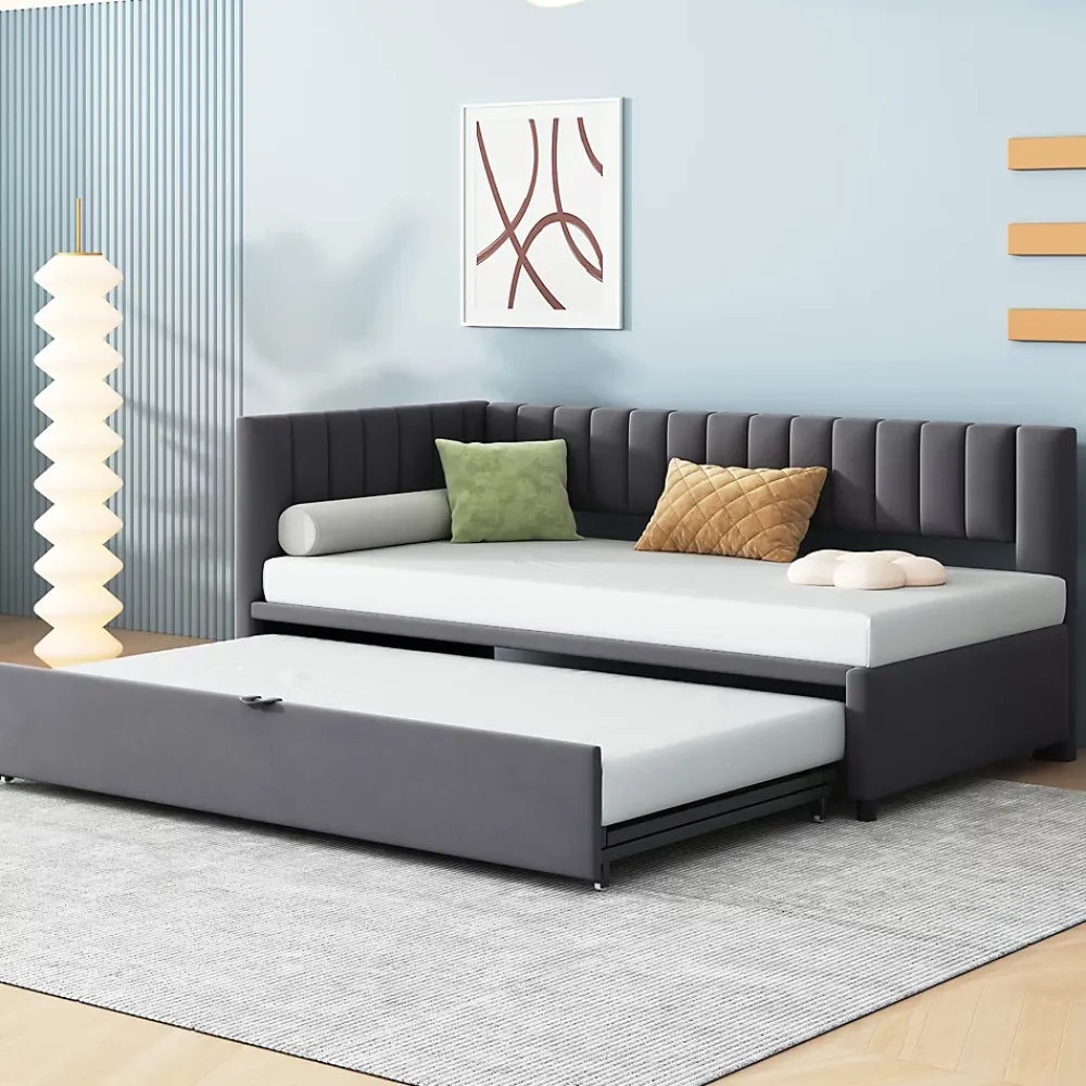 Okwish Lit Gigogne 90/180x200 cm - L-Shaped avec Lit Coulissant, Convertible pour enfants et Invités, Velours Gris Foncé, Sans Matelas* Lit Gigogne