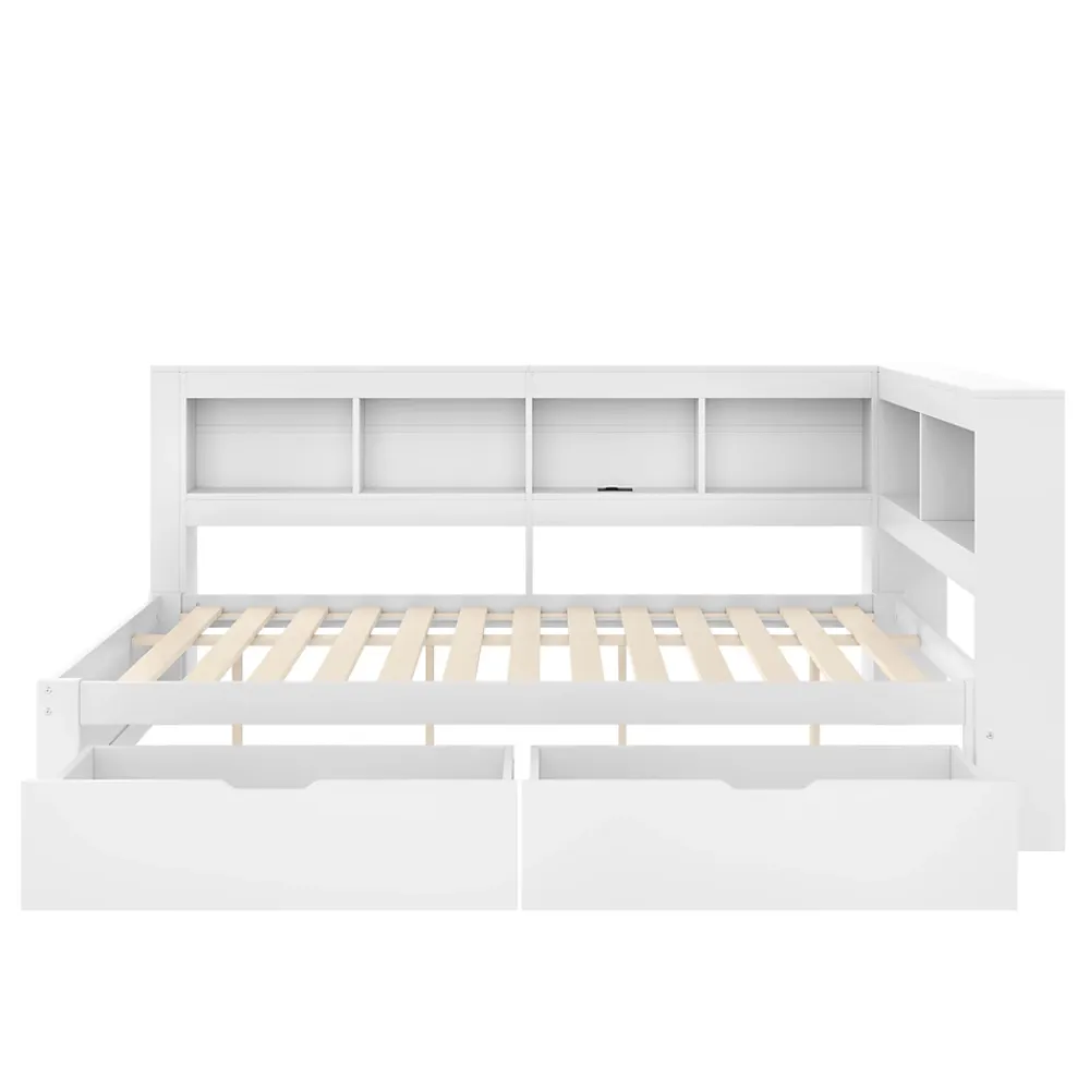 Okwish Lit gigogne 140x200 cm ado avec couchage supplémentaire 90x190 cm, prises et 2 ports USB, structure pin+MDF blanc* Lit Gigogne