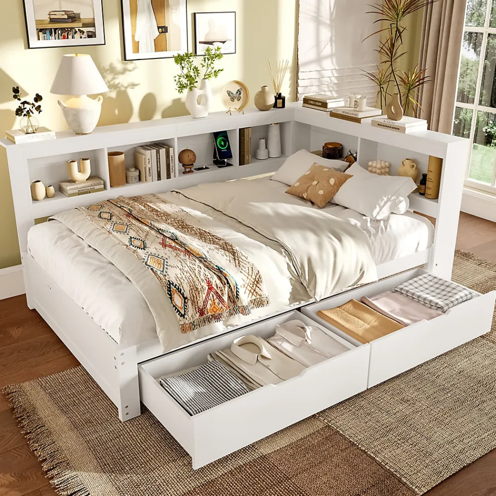 Okwish Lit gigogne 140x200 cm ado avec couchage supplémentaire 90x190 cm, prises et 2 ports USB, structure pin+MDF blanc* Lit Gigogne