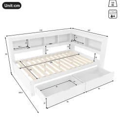 Okwish Lit gigogne 140x200 cm ado avec couchage supplémentaire 90x190 cm, prises et 2 ports USB, structure pin+MDF blanc* Lit Gigogne