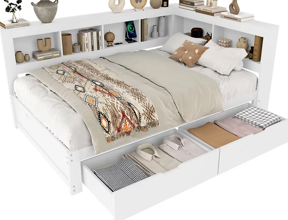 Okwish Lit gigogne 140x200 cm ado avec couchage supplémentaire 90x190 cm, prises et 2 ports USB, structure pin+MDF blanc* Lit Gigogne