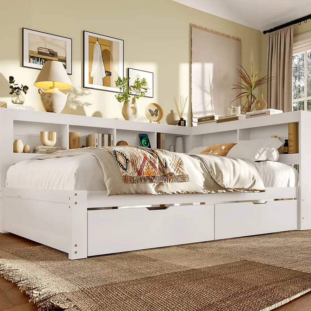 Okwish Lit gigogne 140x200 cm ado avec couchage supplémentaire 90x190 cm, prises et 2 ports USB, structure pin+MDF blanc* Lit Gigogne