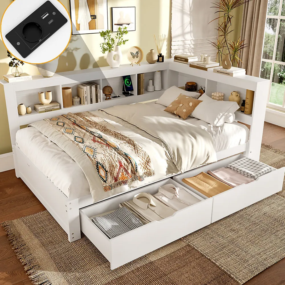 Okwish Lit gigogne 140x200 cm ado avec couchage supplémentaire 90x190 cm, prises et 2 ports USB, structure pin+MDF blanc* Lit Gigogne