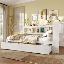 Okwish Lit gigogne 140x200 cm ado avec couchage supplémentaire 90x190 cm, prises et 2 ports USB, structure pin+MDF blanc* Lit Gigogne