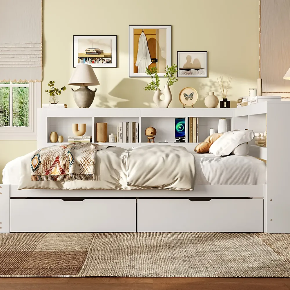 Okwish Lit gigogne 140x200 cm ado avec couchage supplémentaire 90x190 cm, prises et 2 ports USB, structure pin+MDF blanc* Lit Gigogne
