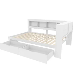Okwish Lit gigogne 140x200 cm ado avec couchage supplémentaire 90x190 cm, prises et 2 ports USB, structure pin+MDF blanc* Lit Gigogne
