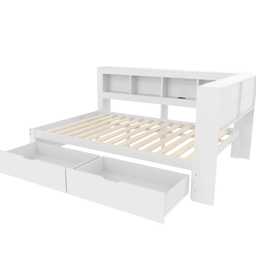 Okwish Lit gigogne 140x200 cm ado avec couchage supplémentaire 90x190 cm, prises et 2 ports USB, structure pin+MDF blanc* Lit Gigogne