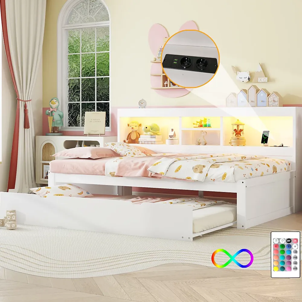 Okwish Lit gigogne 90x200 cm ado/enfant avec tiroir coulissant, LED télécommandée, ports USB, prise électrique et rangement - blanc* Lit Gigogne