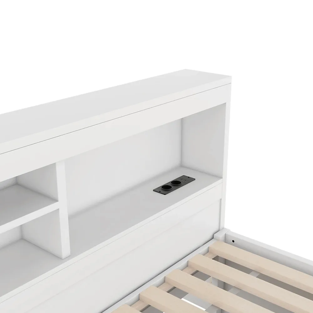 Okwish Lit gigogne 90x200 cm ado/enfant avec tiroir coulissant, LED télécommandée, ports USB, prise électrique et rangement - blanc* Lit Gigogne