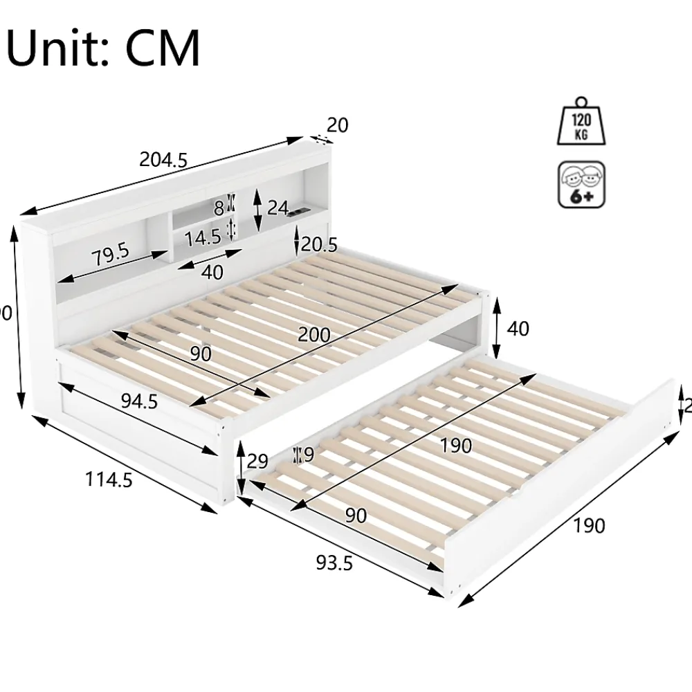 Okwish Lit gigogne 90x200 cm ado/enfant avec tiroir coulissant, LED télécommandée, ports USB, prise électrique et rangement - blanc* Lit Gigogne