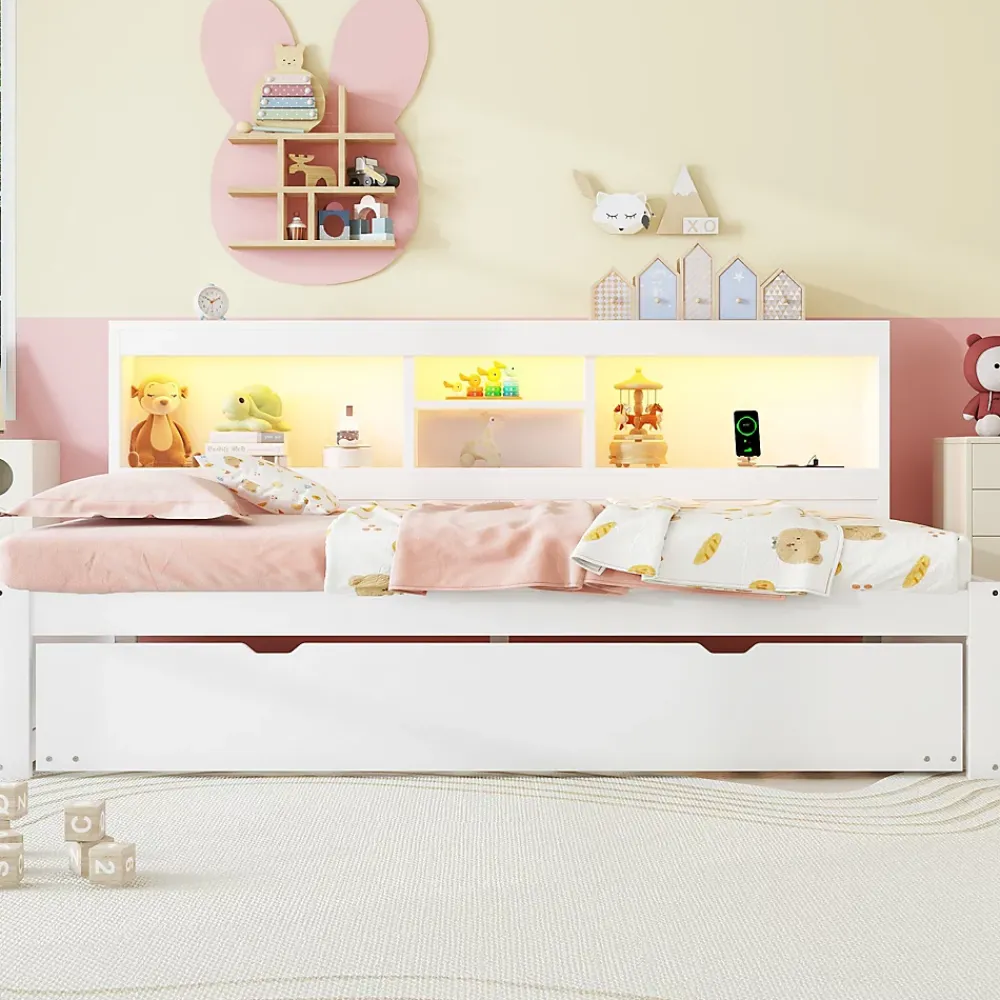 Okwish Lit gigogne 90x200 cm ado/enfant avec tiroir coulissant, LED télécommandée, ports USB, prise électrique et rangement - blanc* Lit Gigogne