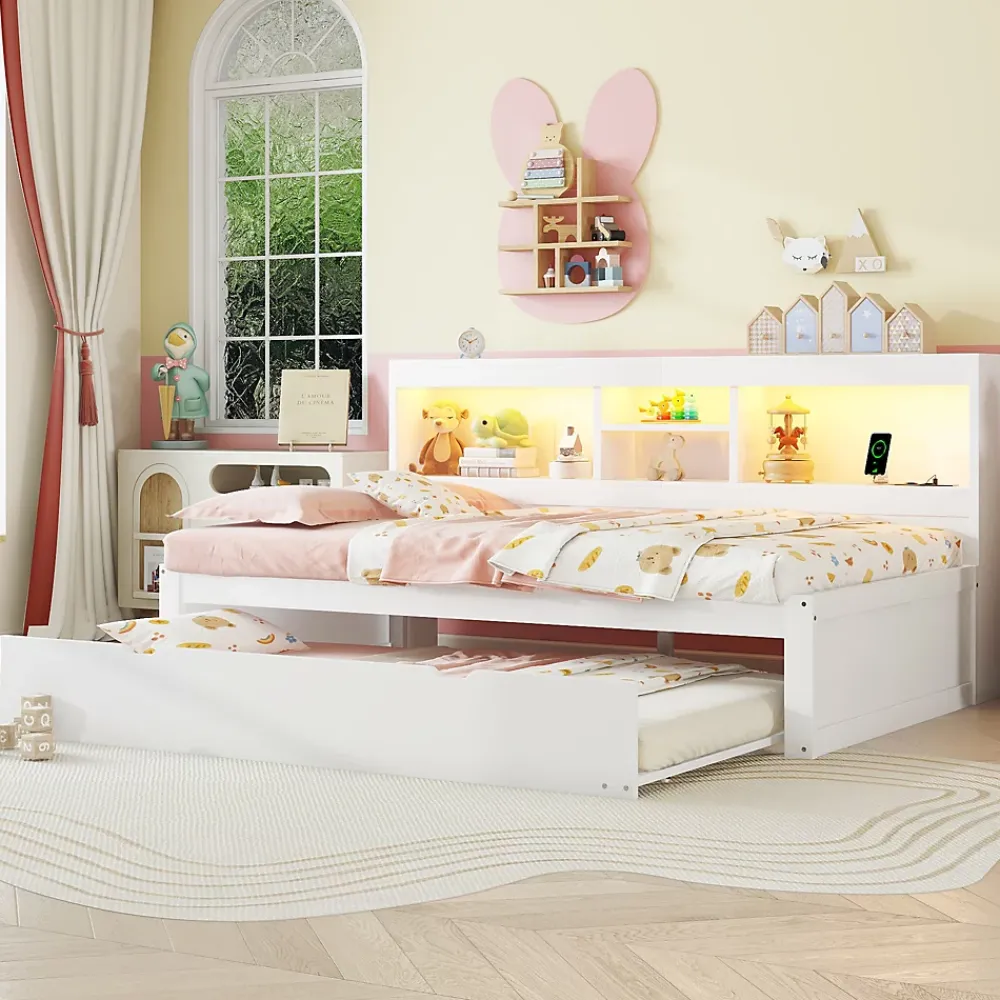 Okwish Lit gigogne 90x200 cm ado/enfant avec tiroir coulissant, LED télécommandée, ports USB, prise électrique et rangement - blanc* Lit Gigogne