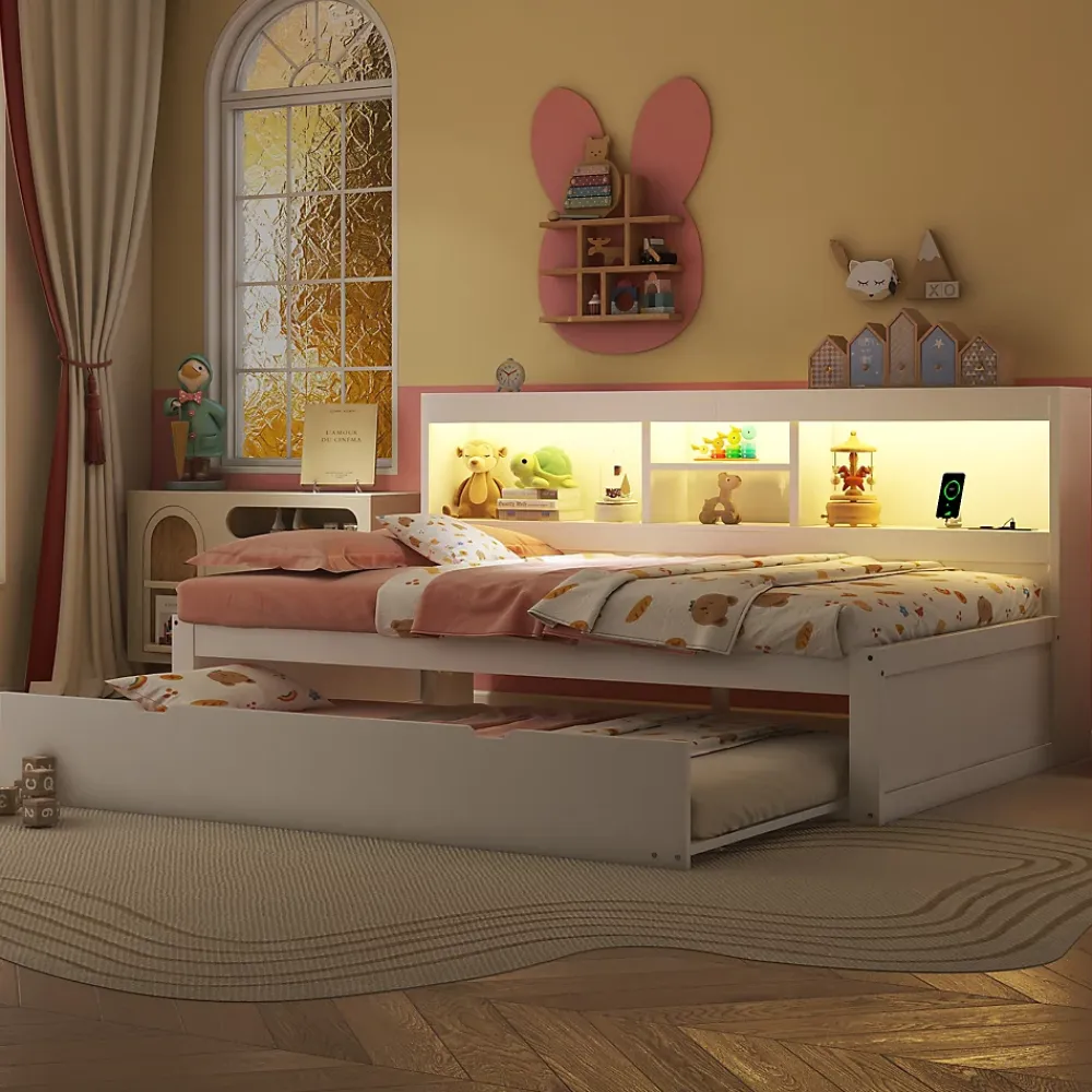 Okwish Lit gigogne 90x200 cm ado/enfant avec tiroir coulissant, LED télécommandée, ports USB, prise électrique et rangement - blanc* Lit Gigogne