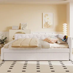 Lit gigogne 140x200 cm avec lit tiroir, lampe intégrée, ports USB et Type-C - 2 couchages gain de place - imitation laine blanc><noscript><img width=
