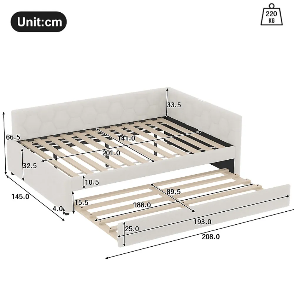 Lit gigogne 140x200 cm avec lit tiroir, lampe intégrée, ports USB et Type-C - 2 couchages gain de place - imitation laine blanc>Okwish Sale