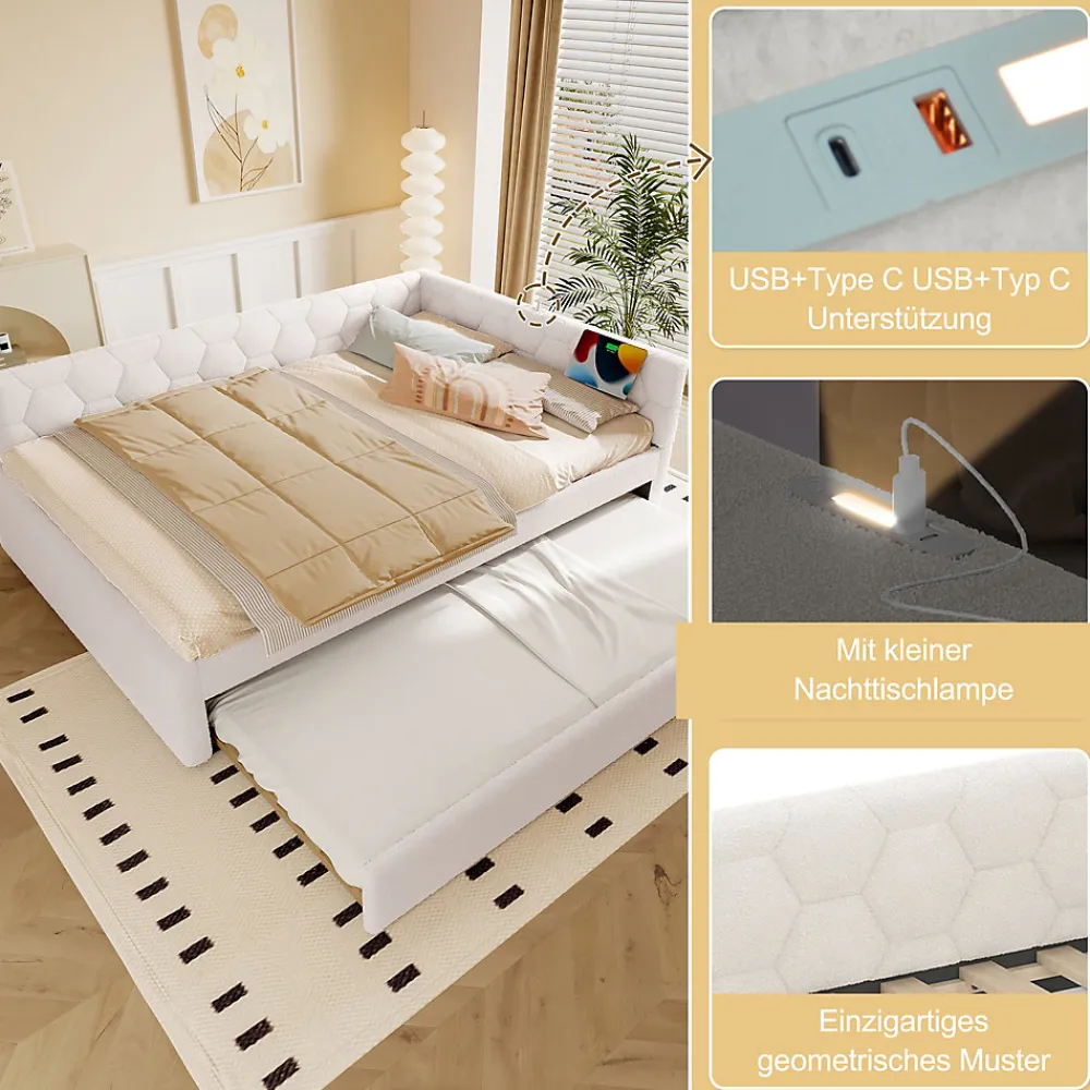 Lit gigogne 140x200 cm avec lit tiroir, lampe intégrée, ports USB et Type-C - 2 couchages gain de place - imitation laine blanc>Okwish Sale