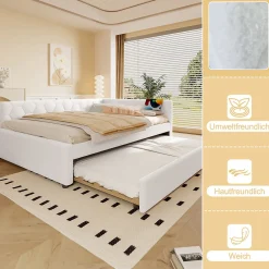 Lit gigogne 140x200 cm avec lit tiroir, lampe intégrée, ports USB et Type-C - 2 couchages gain de place - imitation laine blanc><noscript><img width=