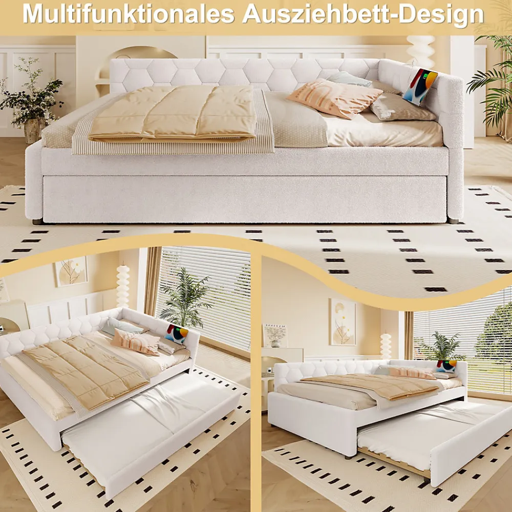 Lit gigogne 140x200 cm avec lit tiroir, lampe intégrée, ports USB et Type-C - 2 couchages gain de place - imitation laine blanc>Okwish Sale