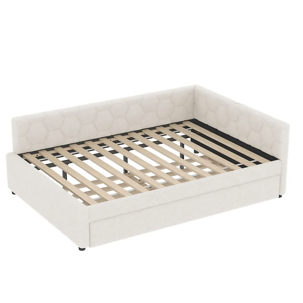 Lit gigogne 140x200 cm avec lit tiroir, lampe intégrée, ports USB et Type-C - 2 couchages gain de place - imitation laine blanc>Okwish Sale