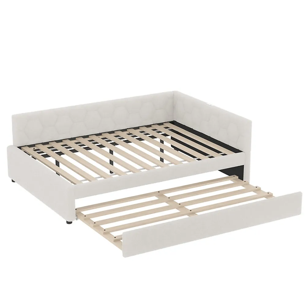Lit gigogne 140x200 cm avec lit tiroir, lampe intégrée, ports USB et Type-C - 2 couchages gain de place - imitation laine blanc>Okwish Sale