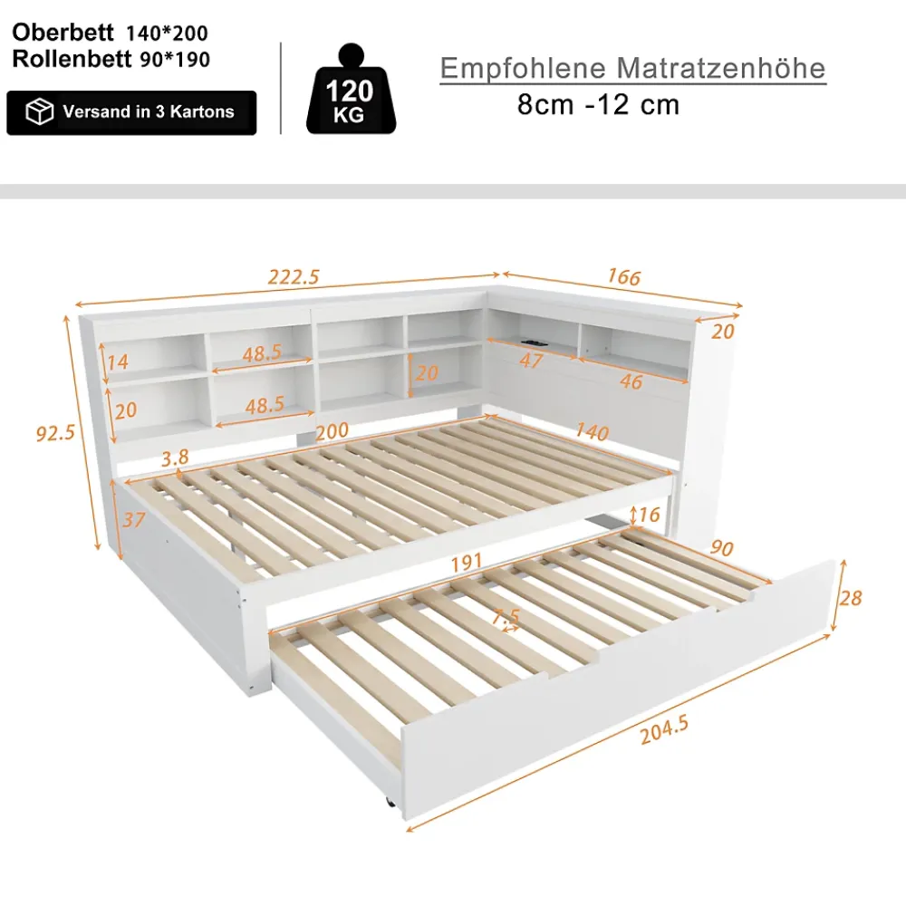 Okwish Lit Gigogne 140x200 cm avec Lit Tiroir 90x190 cm, en Bois Massif avec Rangement et Prise USB Intégrée, Lit Multifonction Blanc* Lit Gigogne