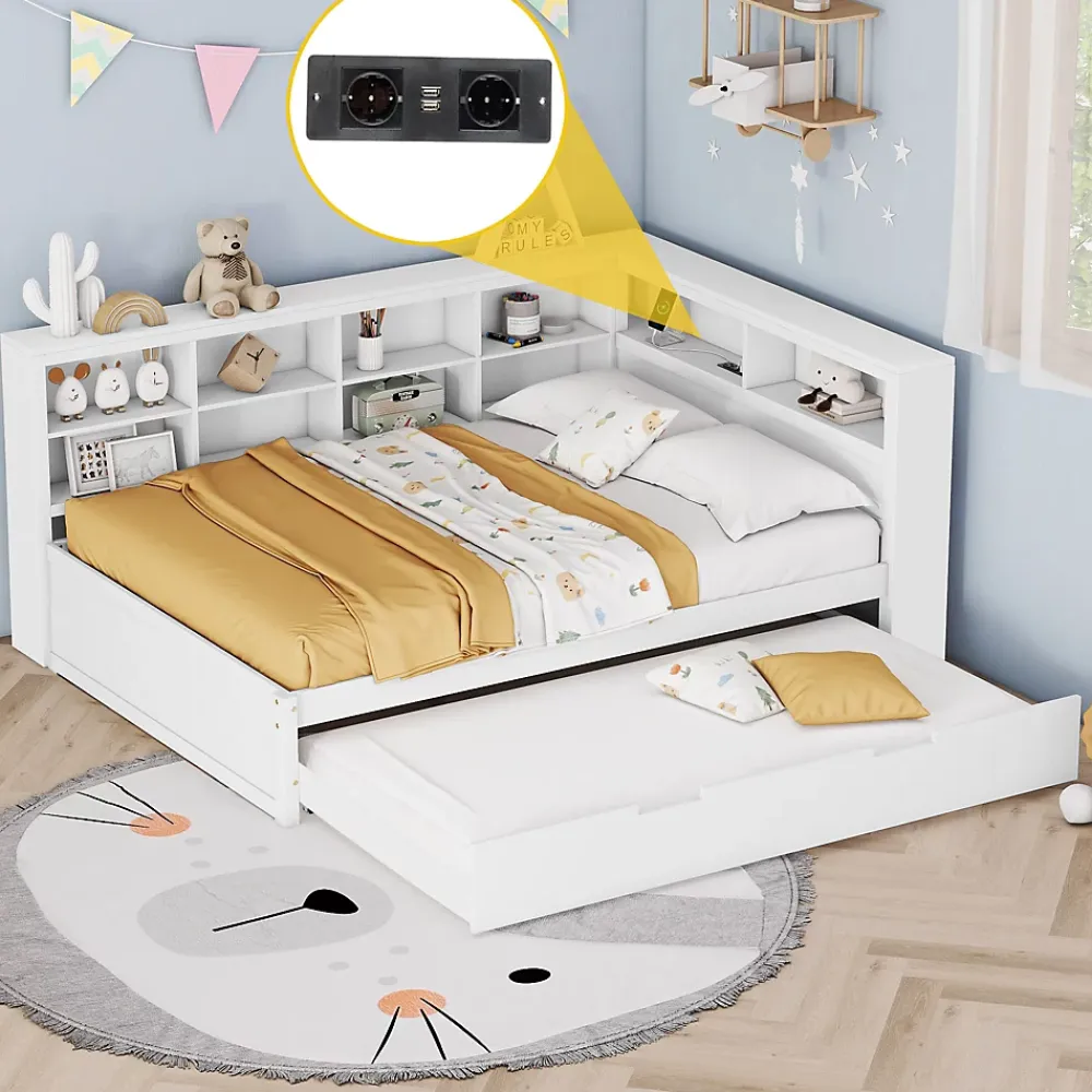 Okwish Lit Gigogne 140x200 cm avec Lit Tiroir 90x190 cm, en Bois Massif avec Rangement et Prise USB Intégrée, Lit Multifonction Blanc* Lit Gigogne
