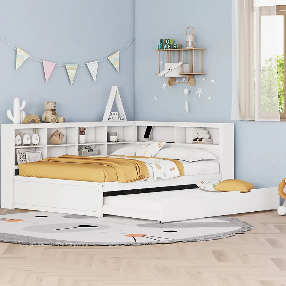 Okwish Lit Gigogne 140x200 cm avec Lit Tiroir 90x190 cm, en Bois Massif avec Rangement et Prise USB Intégrée, Lit Multifonction Blanc* Lit Gigogne