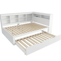 Okwish Lit Gigogne 140x200 cm avec Lit Tiroir 90x190 cm, en Bois Massif avec Rangement et Prise USB Intégrée, Lit Multifonction Blanc* Lit Gigogne