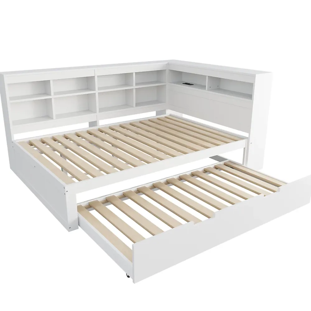 Okwish Lit Gigogne 140x200 cm avec Lit Tiroir 90x190 cm, en Bois Massif avec Rangement et Prise USB Intégrée, Lit Multifonction Blanc* Lit Gigogne