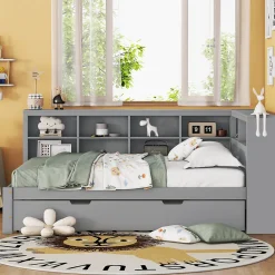 Lit Gigogne 140x200 cm avec Lit Tiroir 90x190 cm, en Bois Massif avec Rangement et Prise USB Intégrée, Lit Multifonction Gris>Okwish