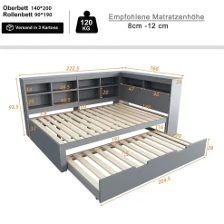 Lit Gigogne 140x200 cm avec Lit Tiroir 90x190 cm, en Bois Massif avec Rangement et Prise USB Intégrée, Lit Multifonction Gris><noscript><img width=