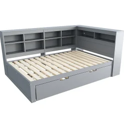 Lit Gigogne 140x200 cm avec Lit Tiroir 90x190 cm, en Bois Massif avec Rangement et Prise USB Intégrée, Lit Multifonction Gris><noscript><img width=