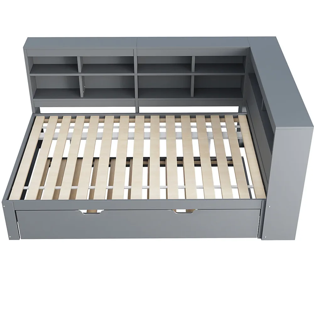 Lit Gigogne 140x200 cm avec Lit Tiroir 90x190 cm, en Bois Massif avec Rangement et Prise USB Intégrée, Lit Multifonction Gris>Okwish