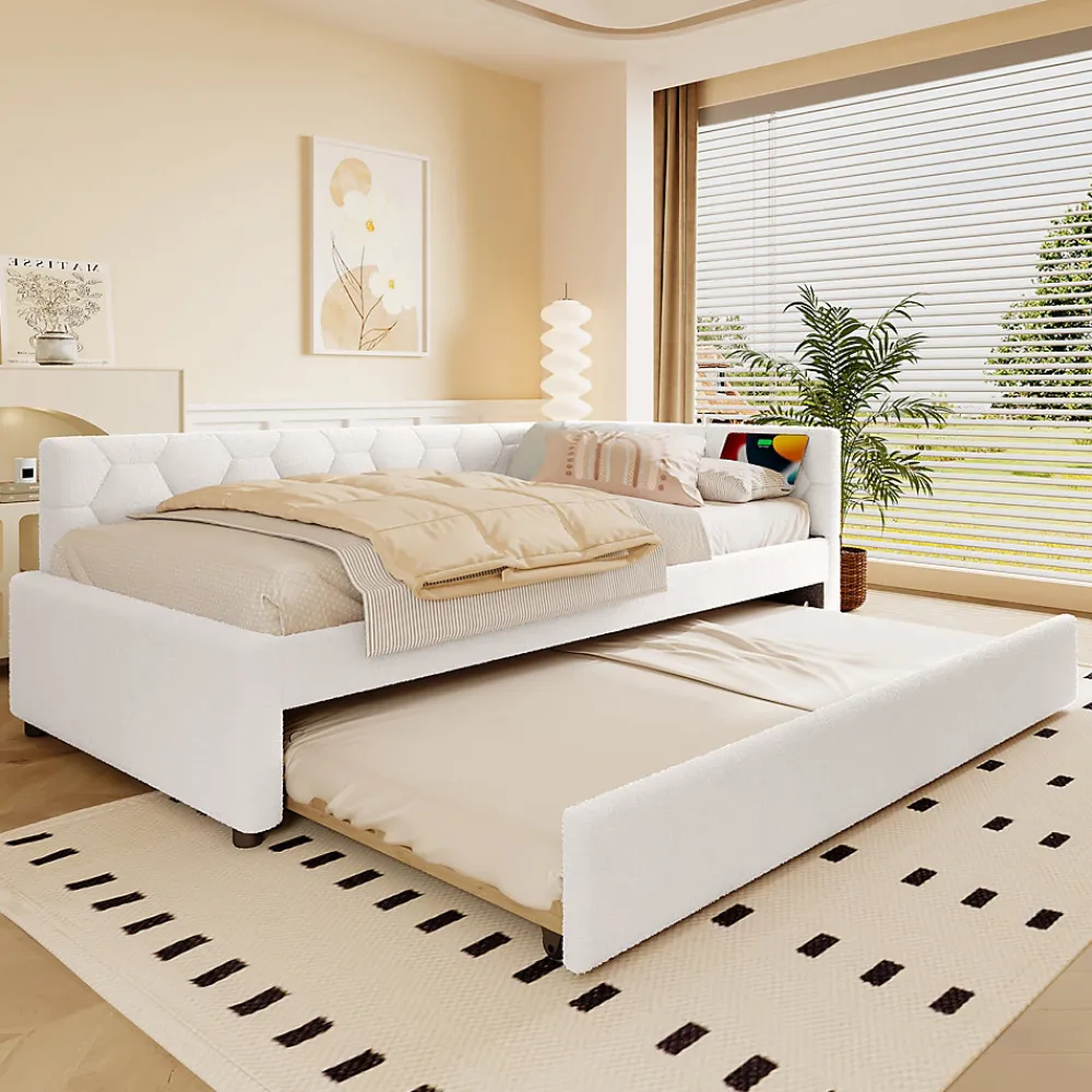 Lit gigogne 90x200 cm avec lit tiroir, lampe intégrée, ports USB et Type-C - 2 couchages gain de place - blanc imitation laine>Okwish Discount